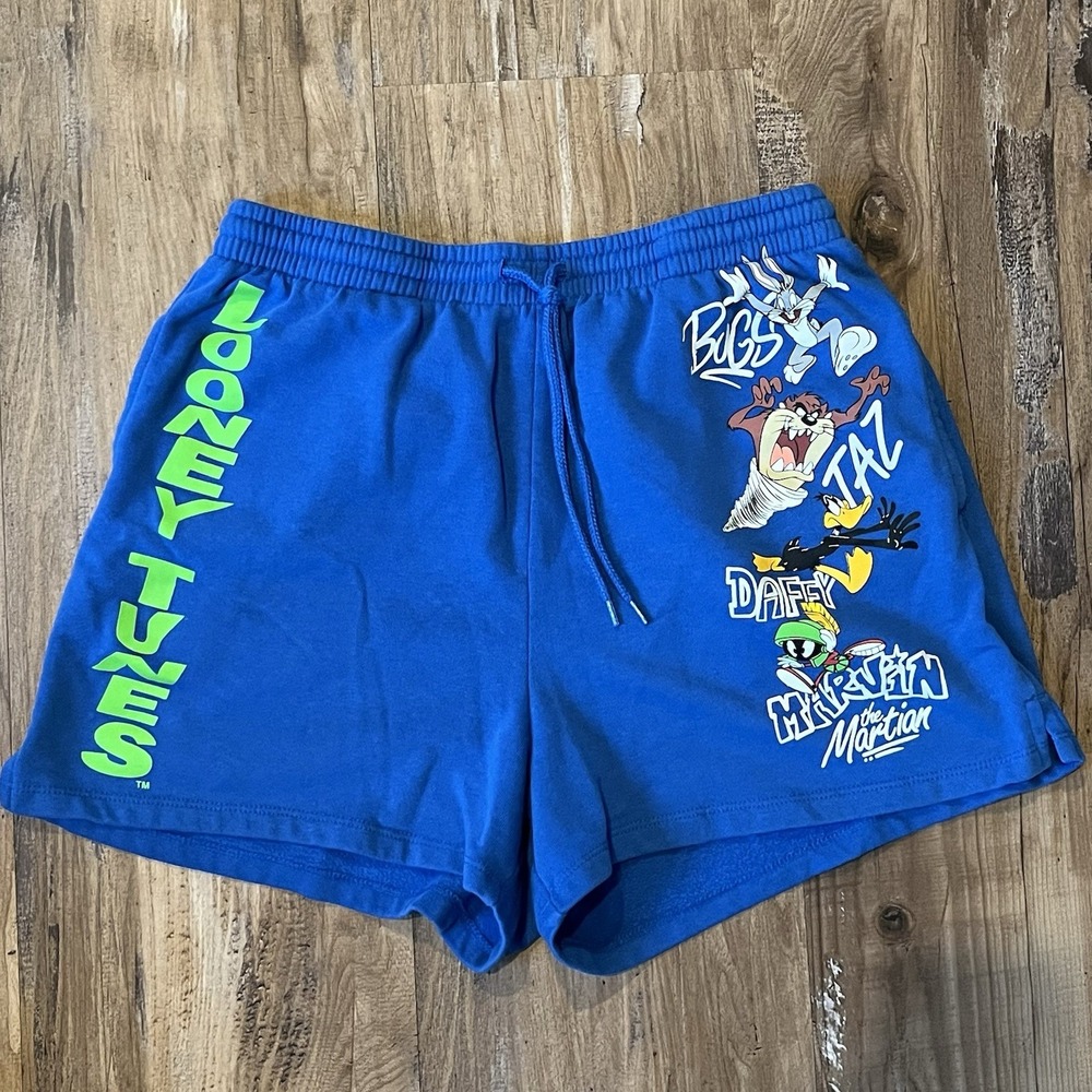 Y2K Looney Tunes Women's Blue Athletic Shorts Bugs Taz Daffy Marvin Size L